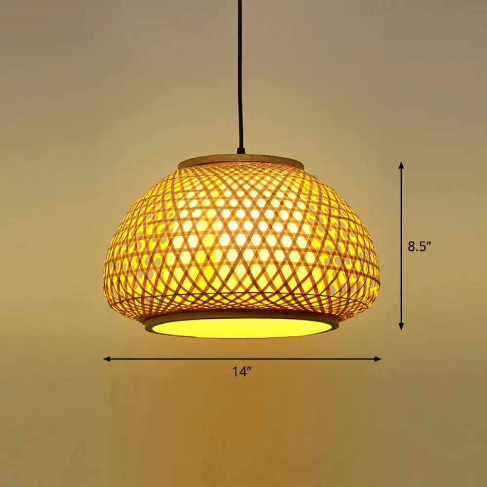 Asian Bamboo Round Ceiling Hanging Lantern - 1-Light Beige Pendant Light For Suspension / Small