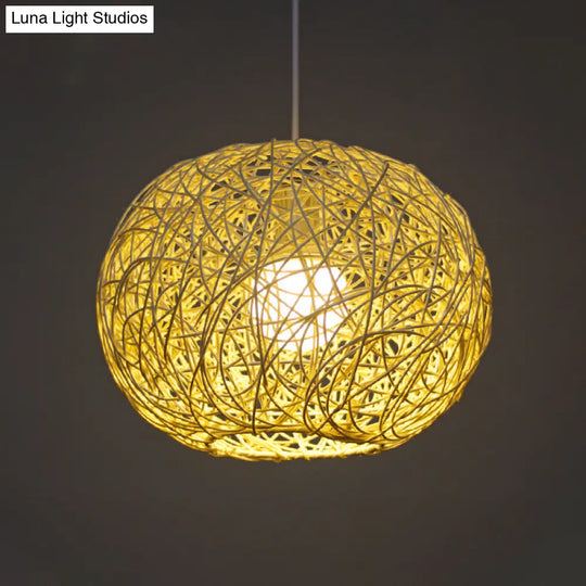 Asian Bamboo Spherical Pendant Lighting - 1 Head Beige Suspension Lamp 8/12/14 Wide