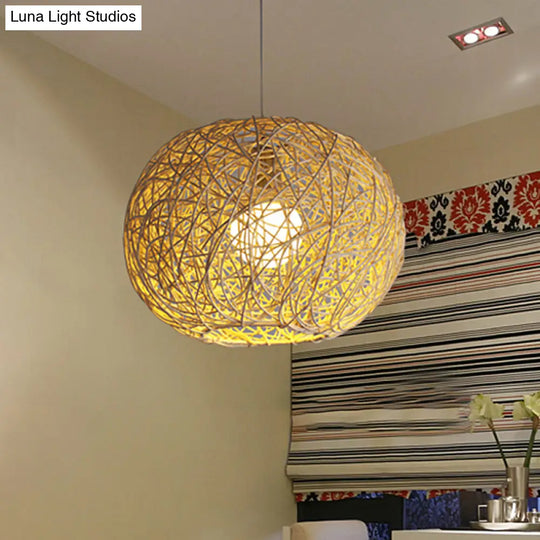 Asian Bamboo Spherical Pendant Lighting - 1 Head Beige Suspension Lamp 8/12/14 Wide