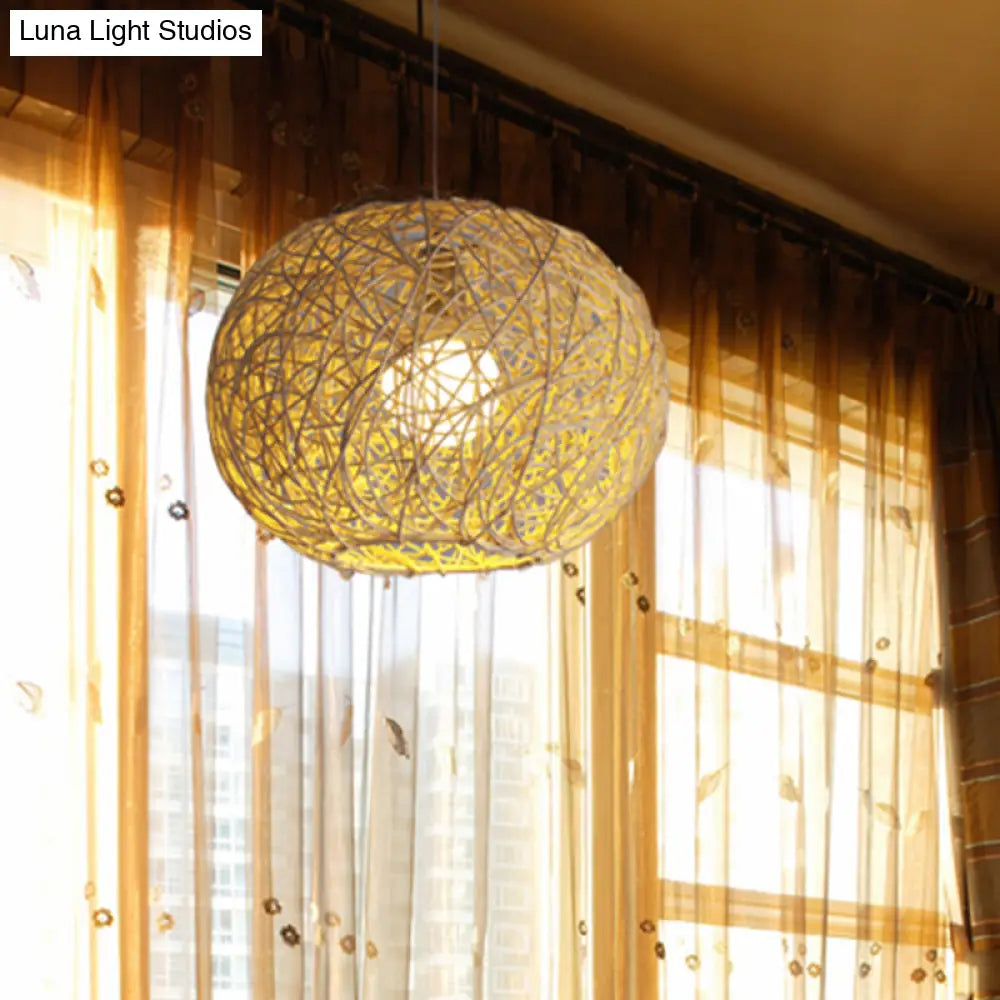 Asian Bamboo Spherical Pendant Lighting - 1 Head Beige Suspension Lamp 8/12/14 Wide