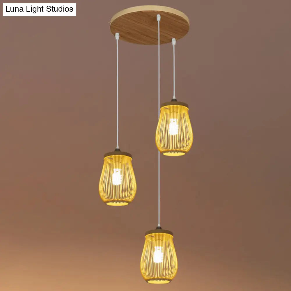 Asian Style Multiple Pendant Bamboo Suspension Light For Stairway In Beige 3 / Oval