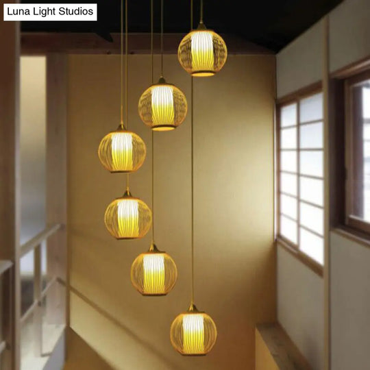 Asian Style Multiple Pendant Bamboo Suspension Light For Stairway In Beige 6 / Round