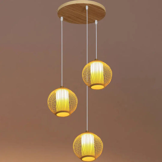 Asian Bamboo Suspension Pendant Light For Stairway - Beige 3 / Round