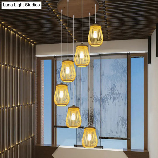 Asian Style Multiple Pendant Bamboo Suspension Light For Stairway In Beige 6 / Oval