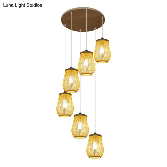 Asian Style Multiple Pendant Bamboo Suspension Light For Stairway In Beige