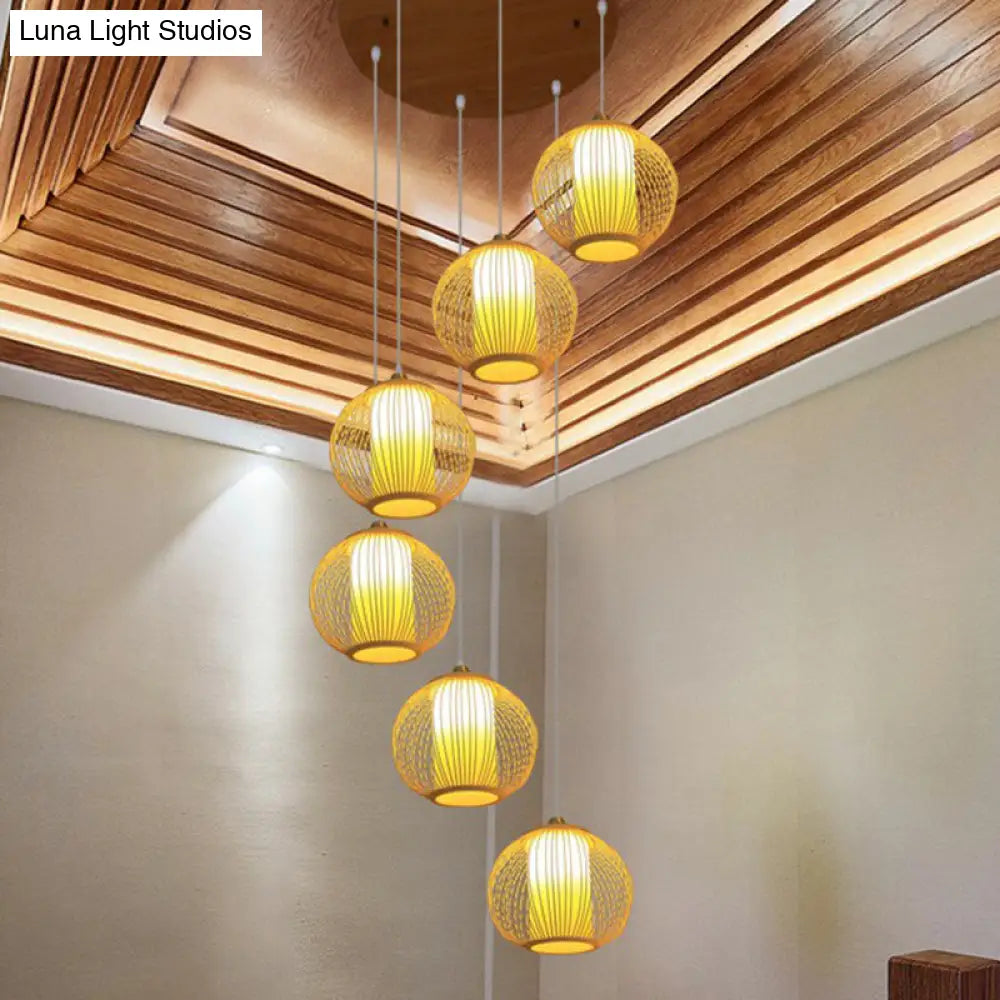 Asian Bamboo Suspension Pendant Light For Stairway - Beige