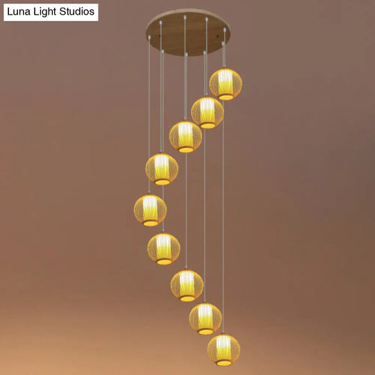 Asian Style Multiple Pendant Bamboo Suspension Light For Stairway In Beige 9 / Round