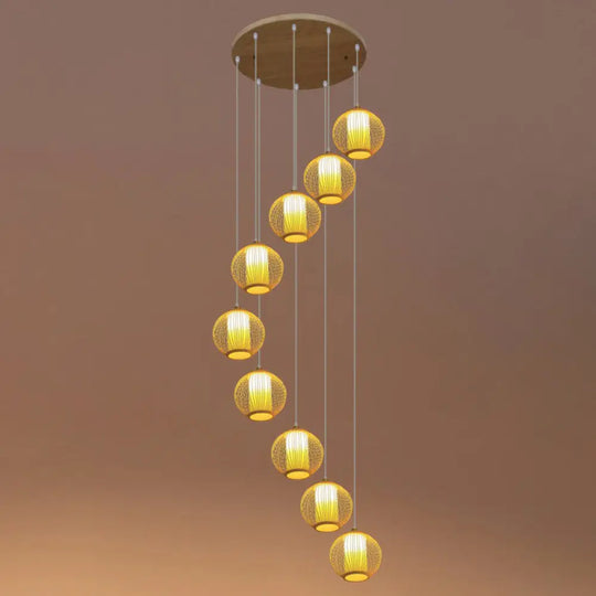 Asian Bamboo Suspension Pendant Light For Stairway - Beige 9 / Round