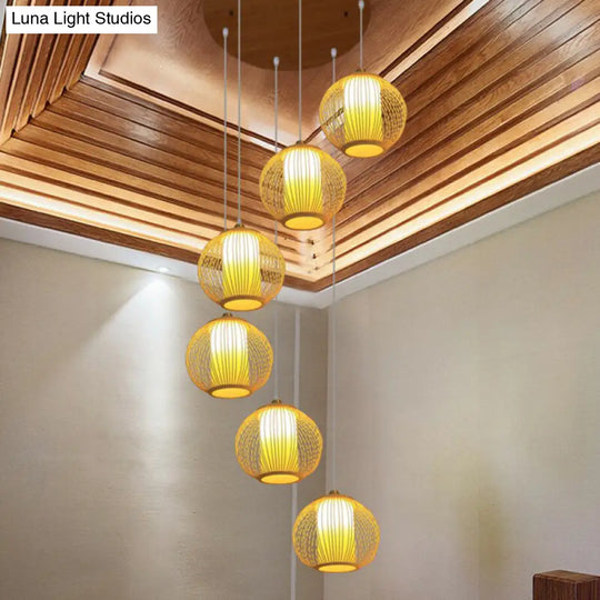 Asian Style Multiple Pendant Bamboo Suspension Light For Stairway In Beige