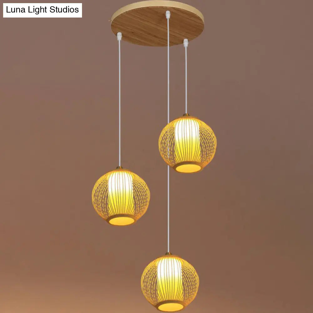 Asian Style Multiple Pendant Bamboo Suspension Light For Stairway In Beige 3 / Round