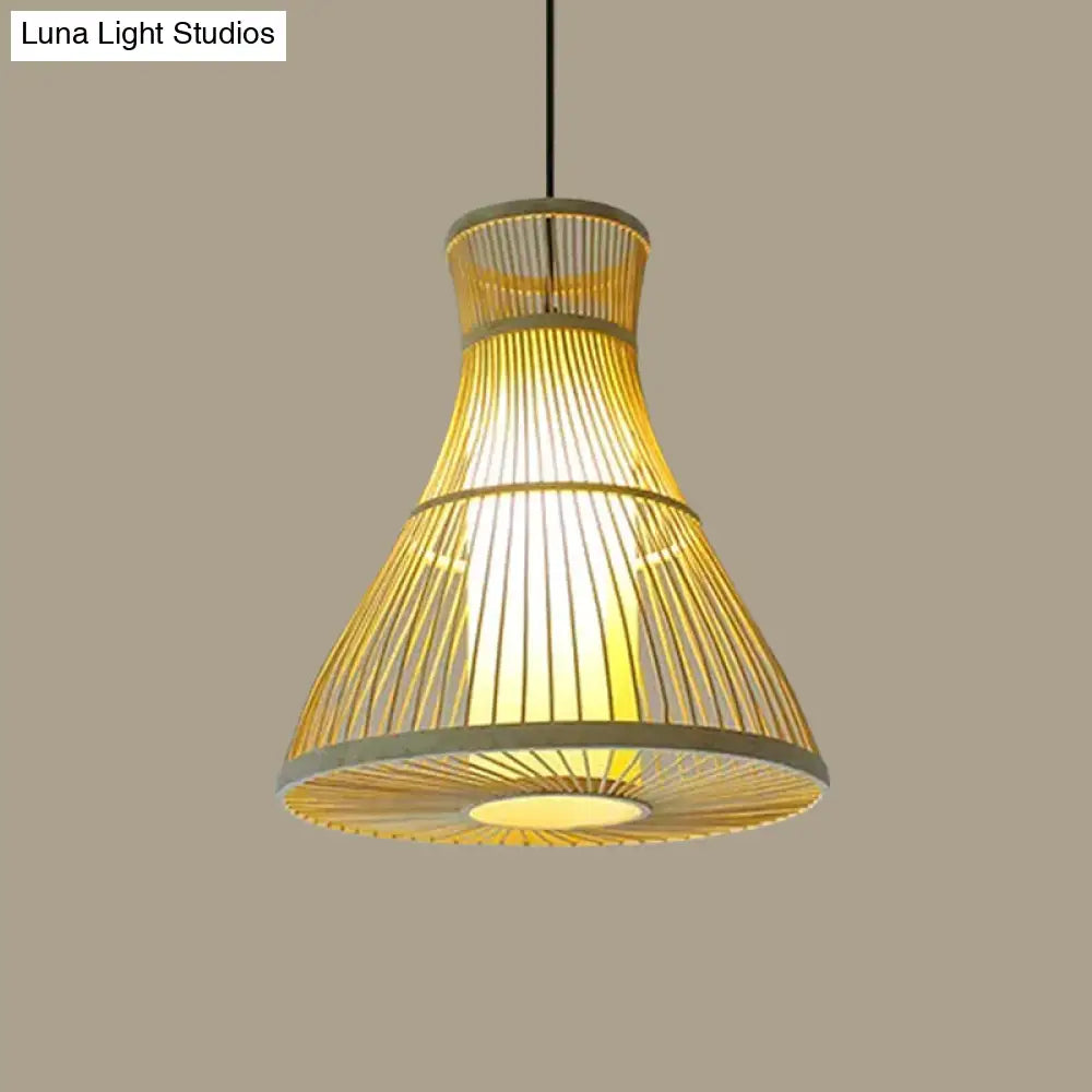 Asian Bamboo Tearoom Pendant Light - Funnel/Urn/Pear Ceiling Hanging Lamp Single-Bulb Beige