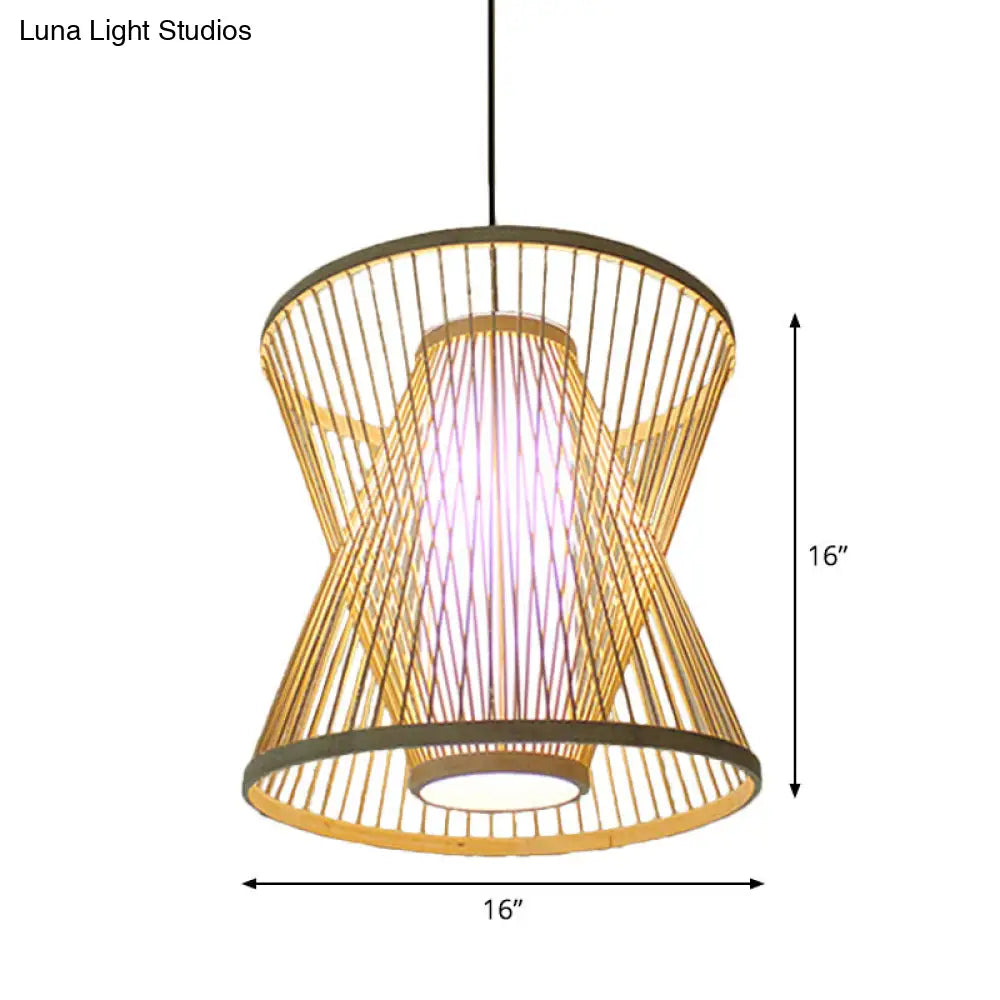 Asian Bamboo Tearoom Pendant Light - Funnel/Urn/Pear Ceiling Hanging Lamp Single-Bulb Beige