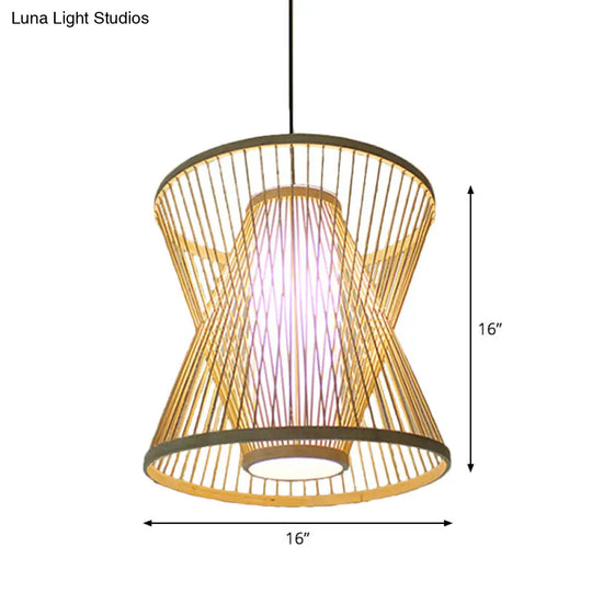 Asian Bamboo Tearoom Pendant Light - Funnel/Urn/Pear Ceiling Hanging Lamp Single-Bulb Beige