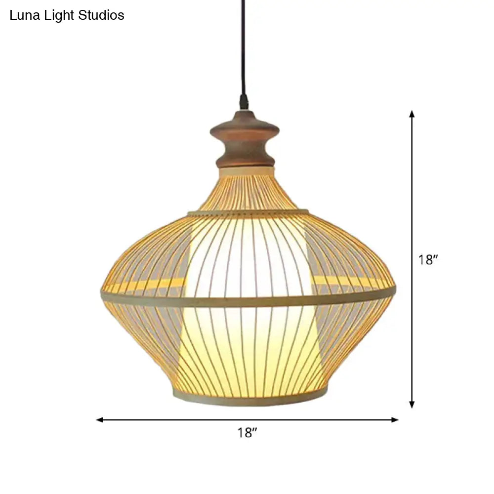 Asian Bamboo Tearoom Pendant Light - Funnel/Urn/Pear Ceiling Hanging Lamp Single-Bulb Beige