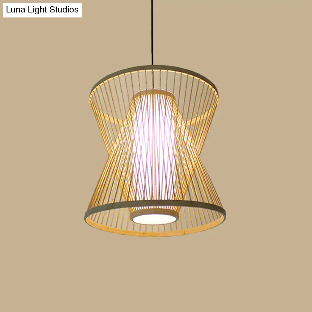 Asian Bamboo Tearoom Pendant Light - Funnel Shape Urn Design Single-Bulb Beige