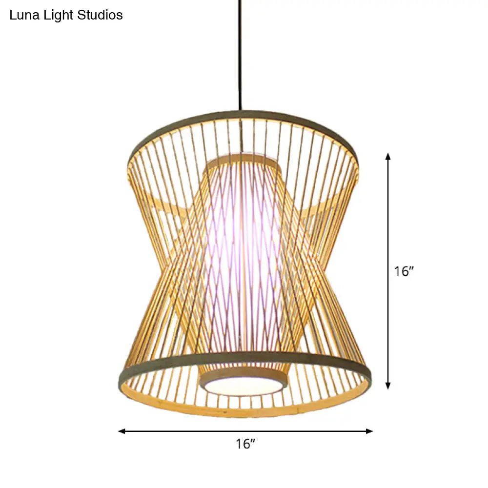 Asian Bamboo Tearoom Pendant Light - Funnel Shape Urn Design Single-Bulb Beige