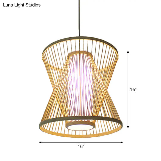 Asian Bamboo Tearoom Pendant Light - Funnel Shape Urn Design Single-Bulb Beige