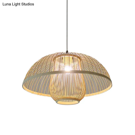 Asian Bamboo Tearoom Pendant Light - Funnel/Urn/Pear Ceiling Hanging Lamp Single-Bulb Beige / C