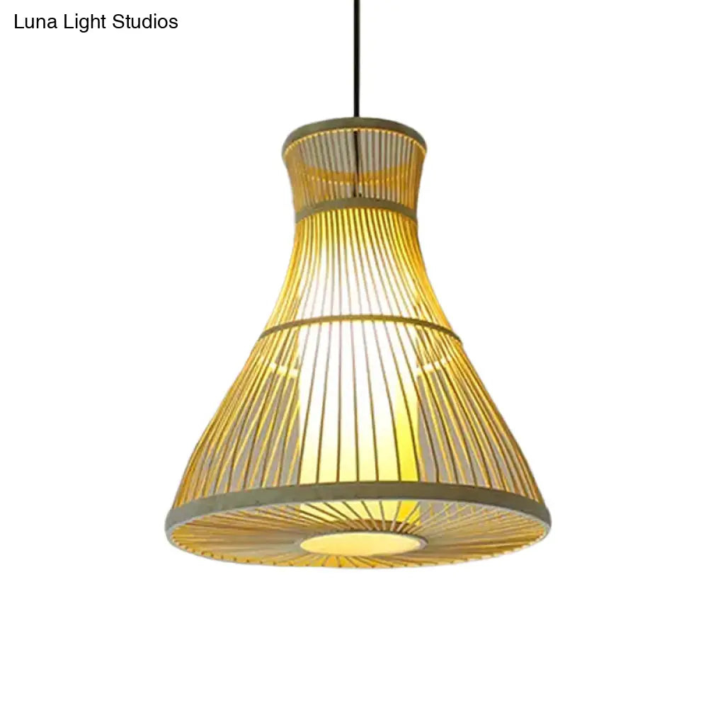 Asian Bamboo Tearoom Pendant Light - Funnel/Urn/Pear Ceiling Hanging Lamp Single-Bulb Beige