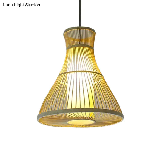 Asian Bamboo Tearoom Pendant Light - Funnel/Urn/Pear Ceiling Hanging Lamp Single-Bulb Beige