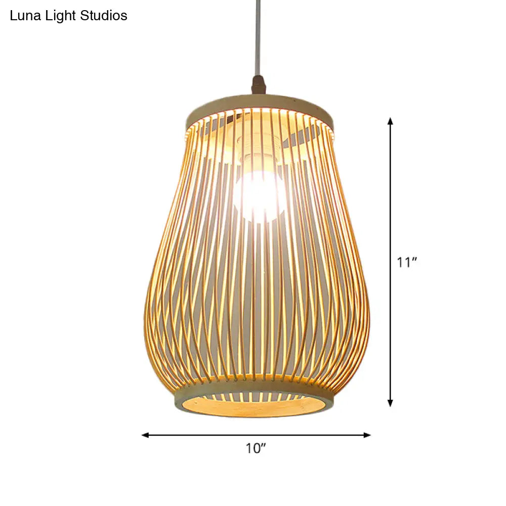 Asian Bamboo Tearoom Pendant Light - Funnel Shape Urn Design Single-Bulb Beige