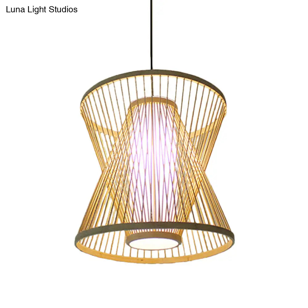 Asian Bamboo Tearoom Pendant Light - Funnel/Urn/Pear Ceiling Hanging Lamp Single-Bulb Beige / E