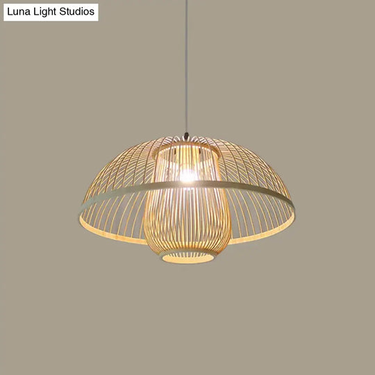 Asian Bamboo Tearoom Pendant Light - Funnel Shape Urn Design Single-Bulb Beige