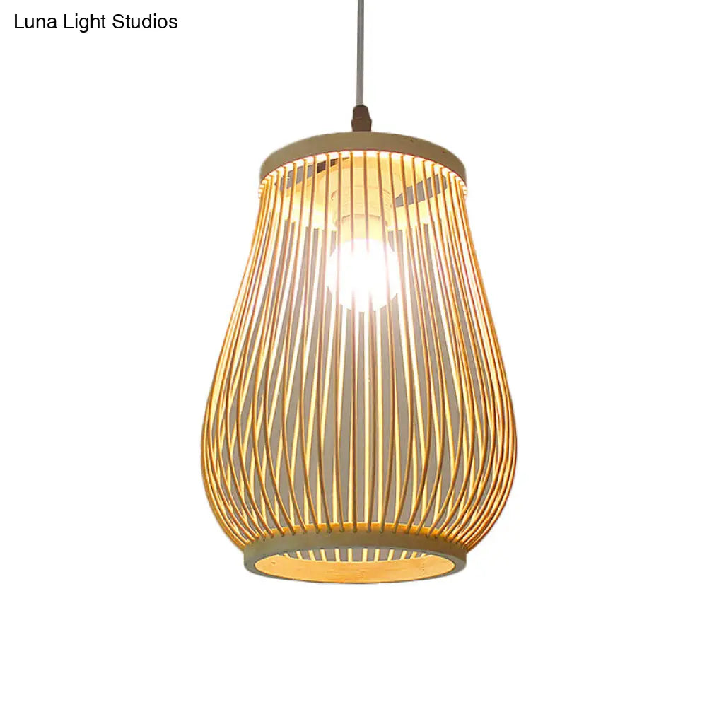 Asian Bamboo Tearoom Pendant Light - Funnel/Urn/Pear Ceiling Hanging Lamp Single-Bulb Beige / A