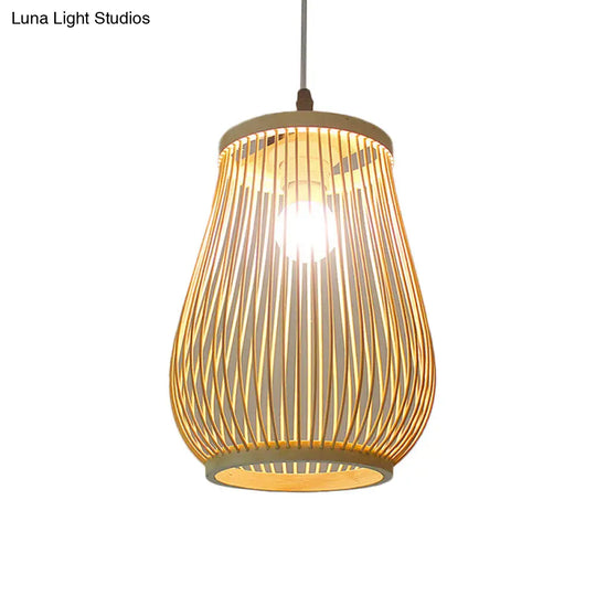 Asian Bamboo Tearoom Pendant Light - Funnel/Urn/Pear Ceiling Hanging Lamp Single-Bulb Beige / A