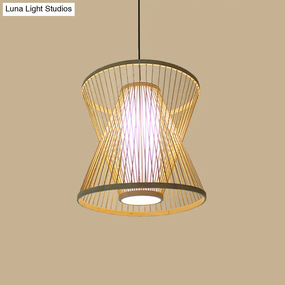 Asian Bamboo Tearoom Pendant Light - Funnel/Urn/Pear Ceiling Hanging Lamp Single-Bulb Beige