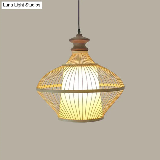 Asian Bamboo Tearoom Pendant Light - Funnel/Urn/Pear Ceiling Hanging Lamp Single-Bulb Beige