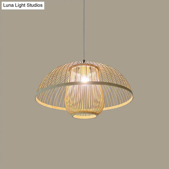 Asian Bamboo Tearoom Pendant Light - Funnel/Urn/Pear Ceiling Hanging Lamp Single-Bulb Beige