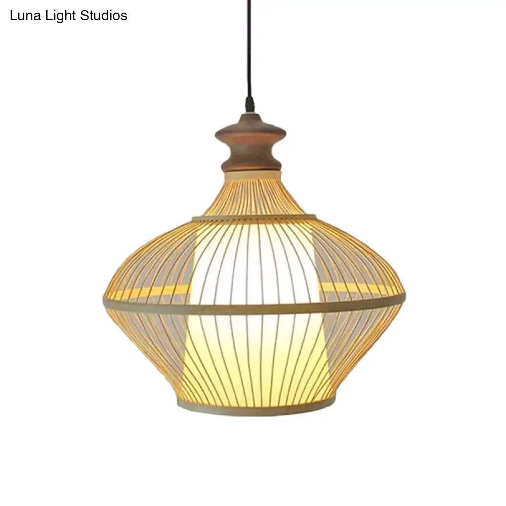 Asian Bamboo Tearoom Pendant Light - Funnel/Urn/Pear Ceiling Hanging Lamp Single-Bulb Beige / D