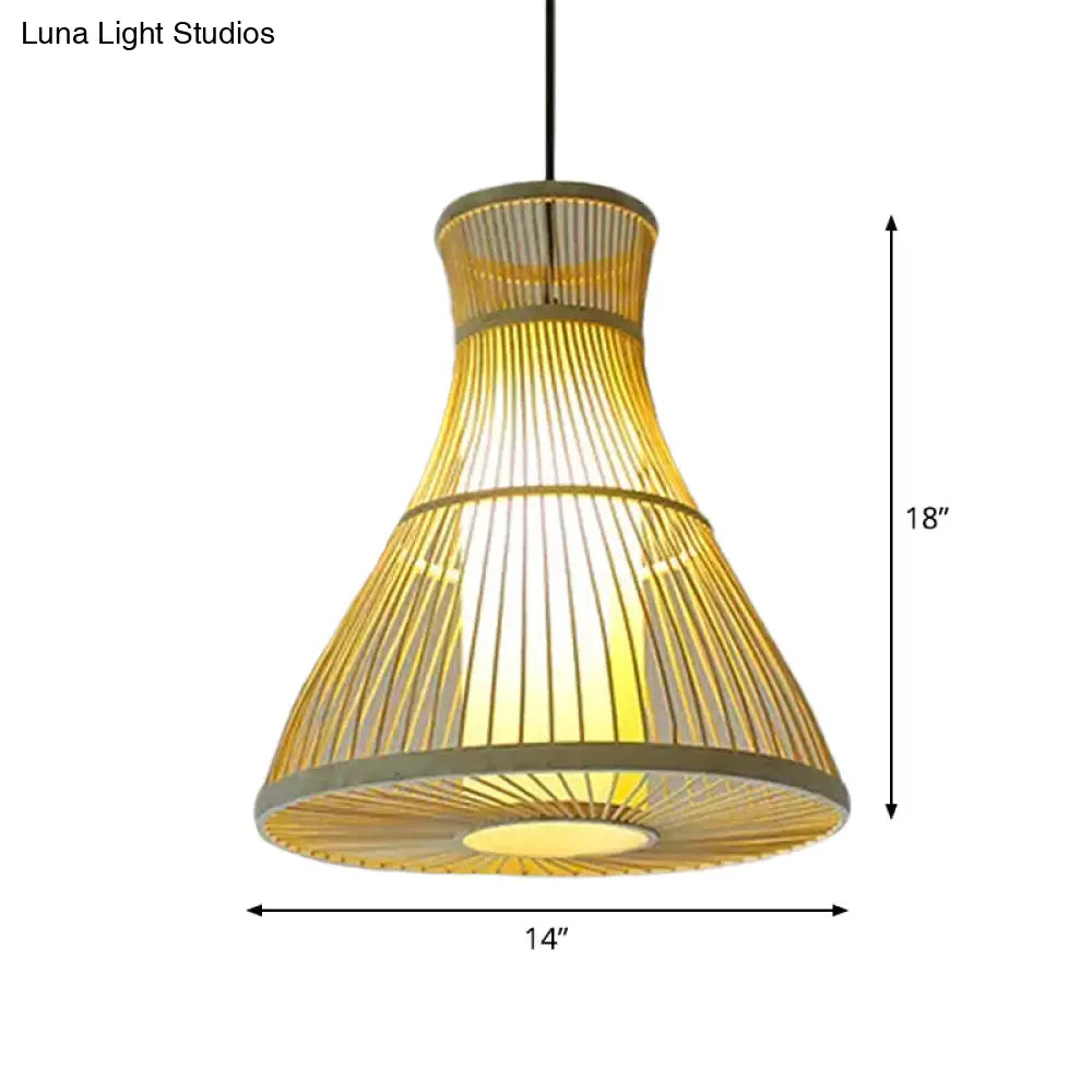 Asian Bamboo Tearoom Pendant Light - Funnel/Urn/Pear Ceiling Hanging Lamp Single-Bulb Beige