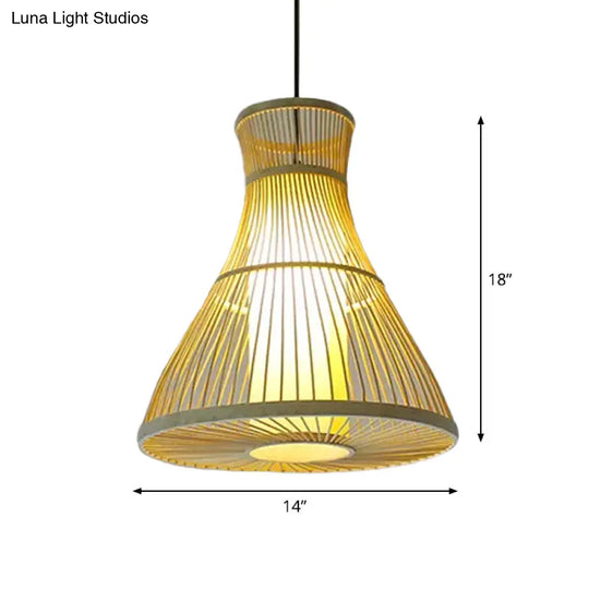 Asian Bamboo Tearoom Pendant Light - Funnel/Urn/Pear Ceiling Hanging Lamp Single-Bulb Beige