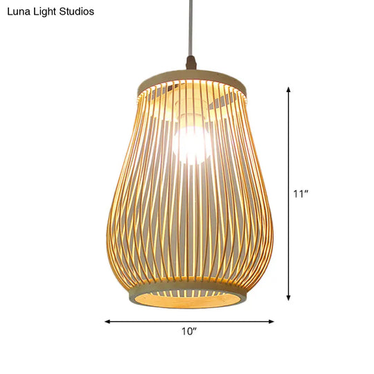 Asian Bamboo Tearoom Pendant Light - Funnel/Urn/Pear Ceiling Hanging Lamp Single-Bulb Beige