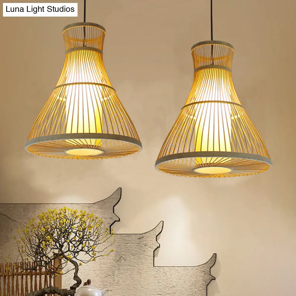 Asian Bamboo Tearoom Pendant Light - Funnel/Urn/Pear Ceiling Hanging Lamp Single-Bulb Beige / B