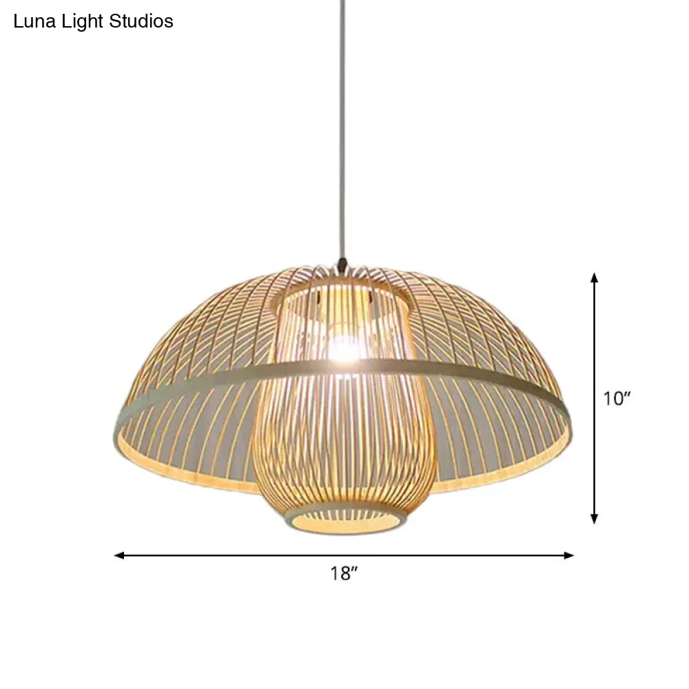 Asian Bamboo Tearoom Pendant Light - Funnel/Urn/Pear Ceiling Hanging Lamp Single-Bulb Beige