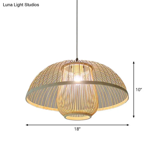 Asian Bamboo Tearoom Pendant Light - Funnel/Urn/Pear Ceiling Hanging Lamp Single-Bulb Beige