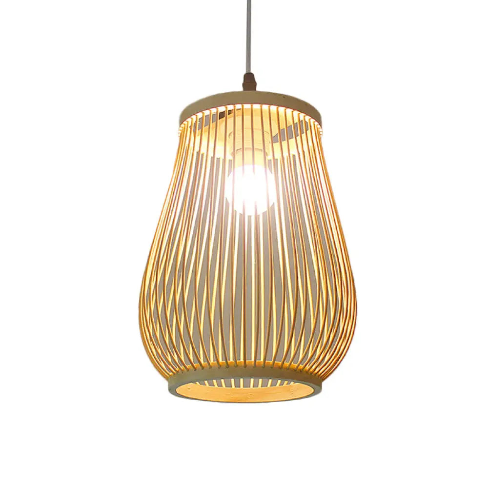 Asian Bamboo Tearoom Pendant Light - Funnel Shape Urn Design Single-Bulb Beige / A