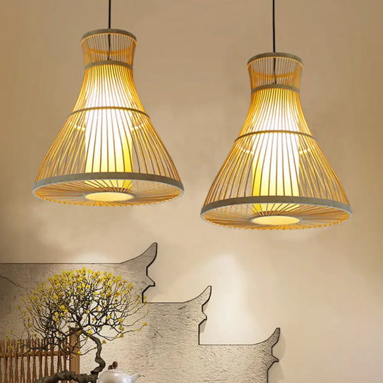 Asian Bamboo Tearoom Pendant Light - Funnel Shape Urn Design Single-Bulb Beige / B