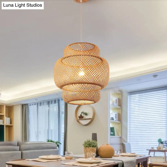 Tiered Dining Room Pendant Light Bamboo 15/19.5 W - 1 Asia Ceiling Lamp Beige