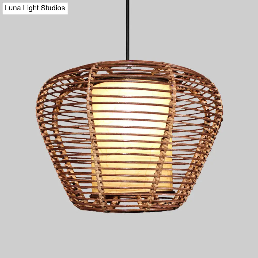 Asian Bamboo Urn Ceiling Lamp With Bulb: Brown Pendant Light Fixture And Cylinder Parchment Shade