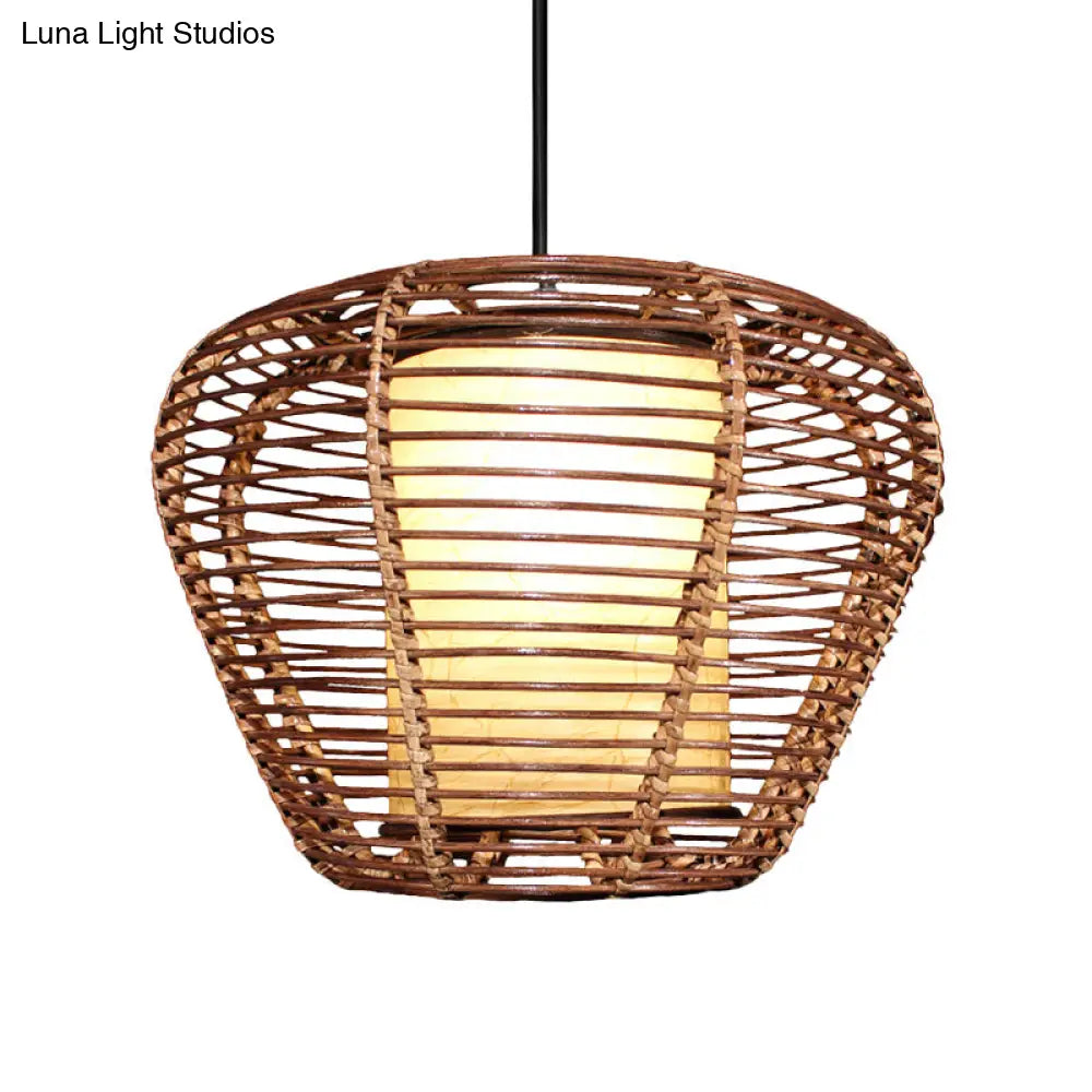 Asian Bamboo Urn Ceiling Lamp With Bulb: Brown Pendant Light Fixture And Cylinder Parchment Shade