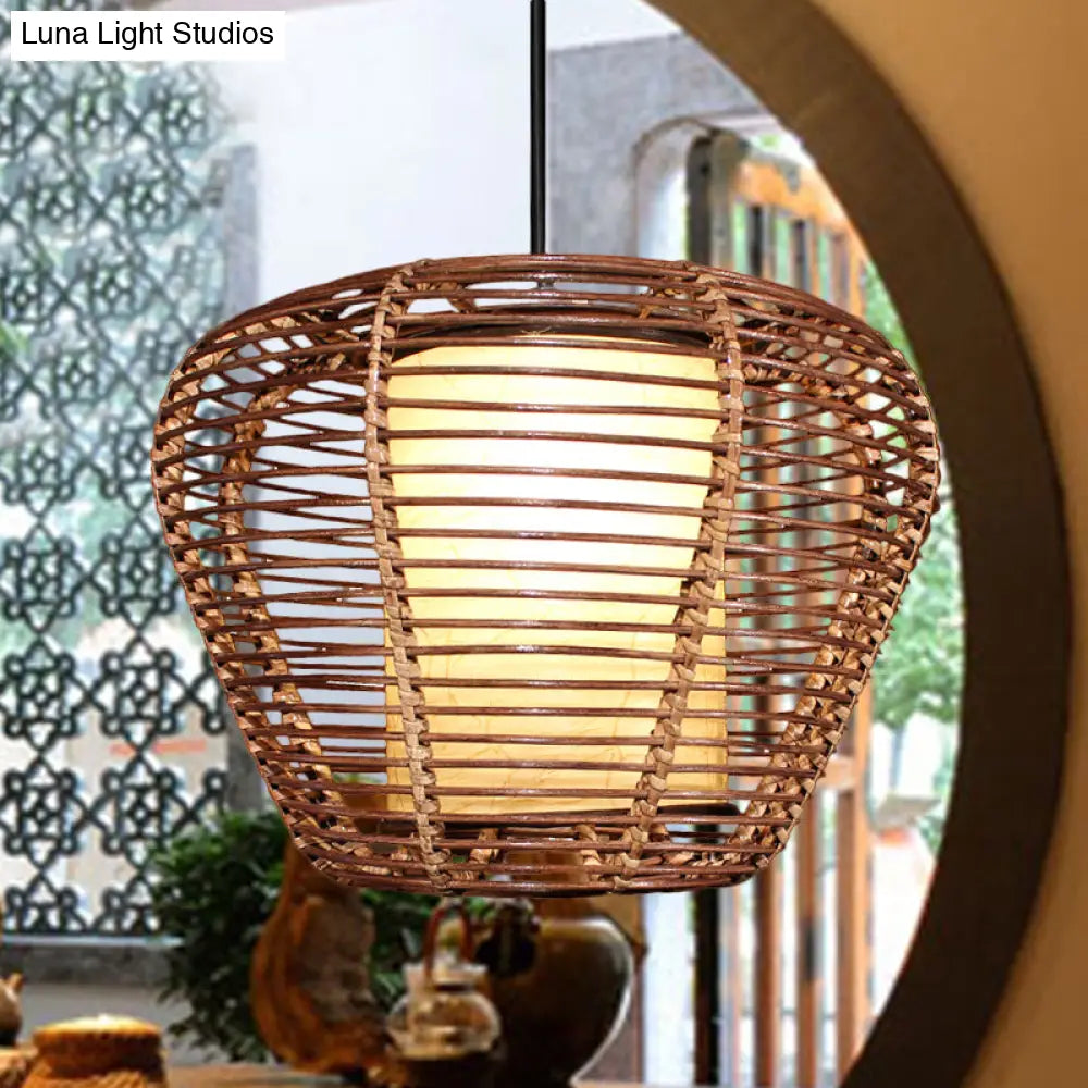 Asian Bamboo Urn Ceiling Lamp With Bulb: Brown Pendant Light Fixture And Cylinder Parchment Shade