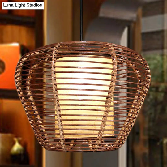 Asian Bamboo Urn Ceiling Lamp With Bulb: Brown Pendant Light Fixture And Cylinder Parchment Shade