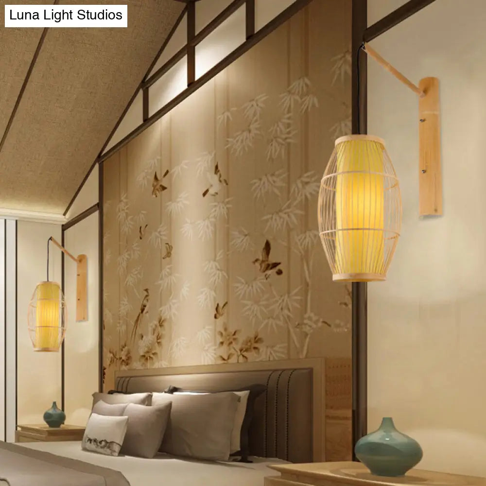 Asian Bamboo Wall Sconce In Beige - Oblong Hanging Bedroom Light Fixture With 1 Bulb