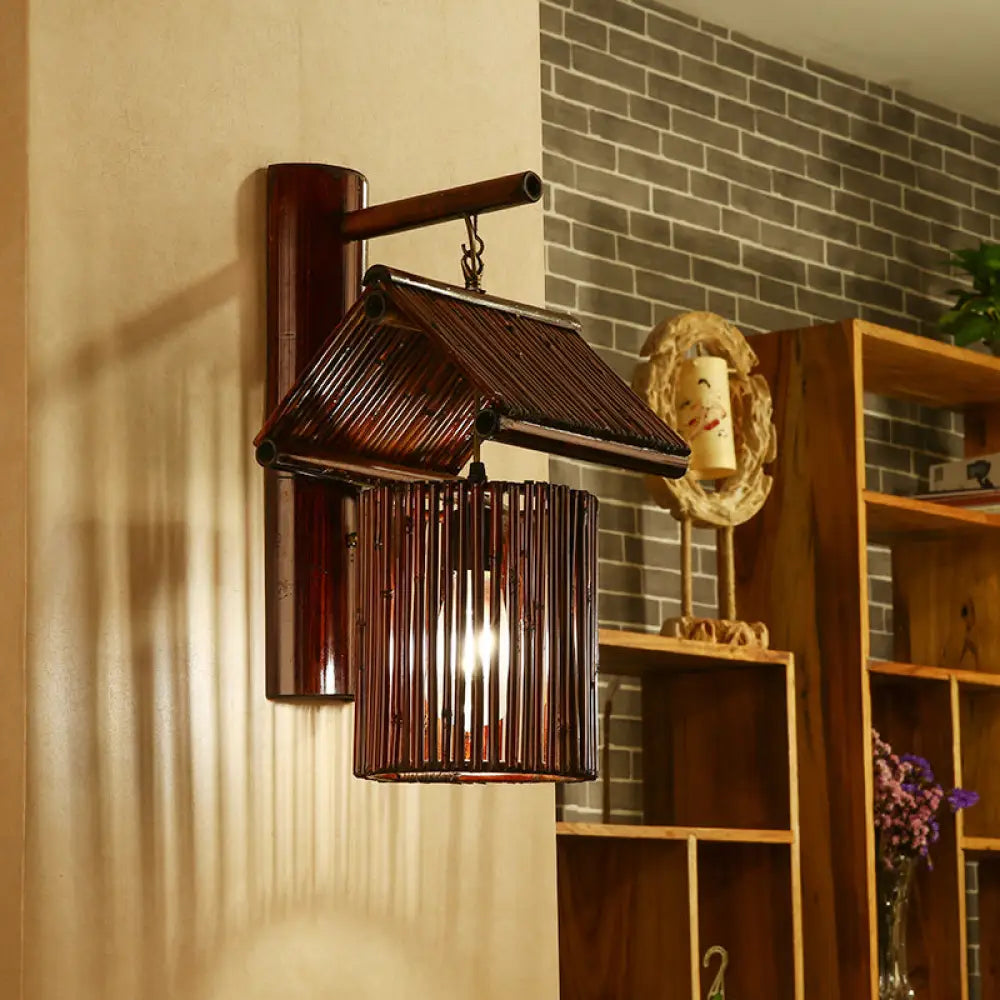 Asian Bamboo Wall Sconce In Dark Coffee/Khaki With Half-Cylinder Backplate Coffee