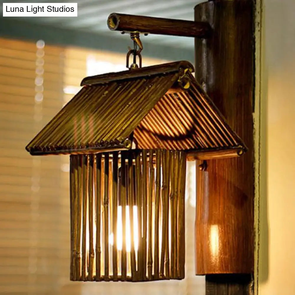 Asian Bamboo Wall Sconce In Dark Coffee/Khaki With Half-Cylinder Backplate