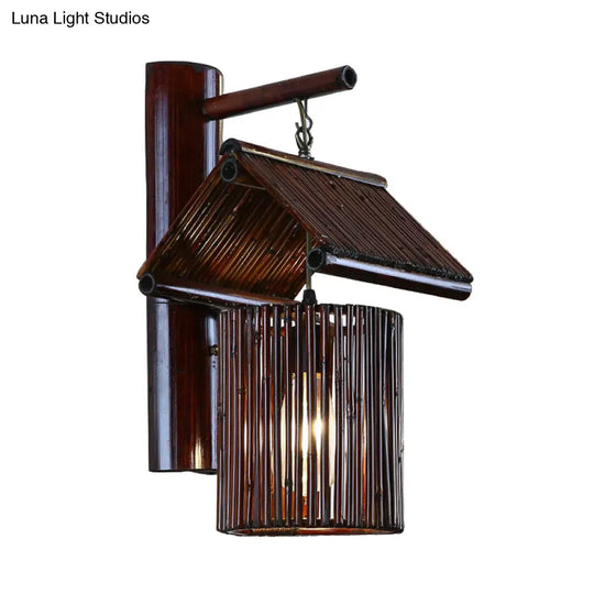 Asian Bamboo Wall Sconce In Dark Coffee/Khaki With Half-Cylinder Backplate